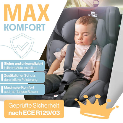 Autokindersitz mit Isofix i-Size R129 100-150cm bis 12 Jahre, Kinderautositz Gruppe 1/2/3, mitwachsender Kindersitz, 5-Punkt-Gurt & höhenverstellbare Kopfstütze, Sitzerhöhung Auto, Schwarz