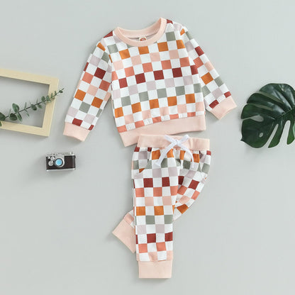 Baby Herbst Winter Set Kariertes Sweatshirt Und Jogginghose Für Jungen Mädchen