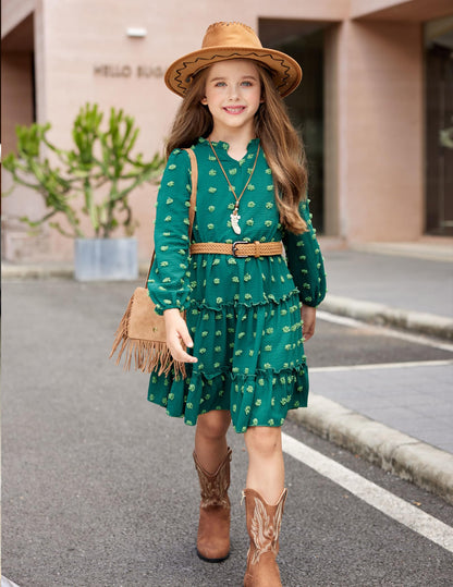 Arshiner Dress Girls Festive Flounce V-Neck Long Sleeve Dress Swiss Dot Chiffon Dress Children Tiered Dress A-Line Party Dress Wedding Princess Dress Swing Skater Dress 5-12 Years 