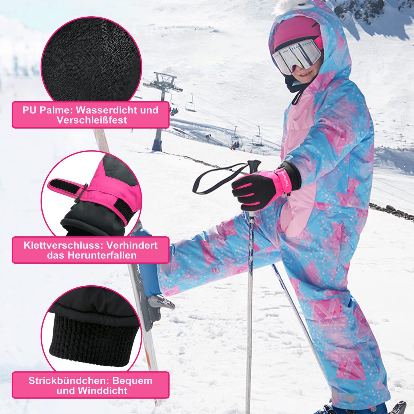 ThxToms Children's Ski Gloves, Winter Snow Ski Gloves, -15°C, Windproof, Waterproof, Warm, PU Thickened Cold Weather, Outdoor Sports, Snowboarding, Skiing, Bike, for Boys and Girls aged 3-13 Years Old
