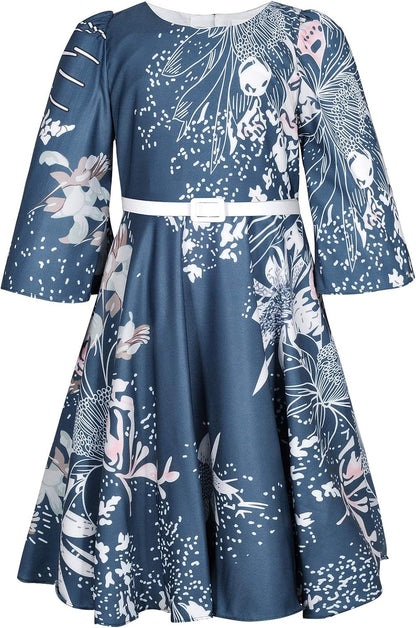 BONNY BILLY Mädchen Kleider Vintage Blumen Festlich Hochzeit Elegant Kinder Kleid mit Gürtel