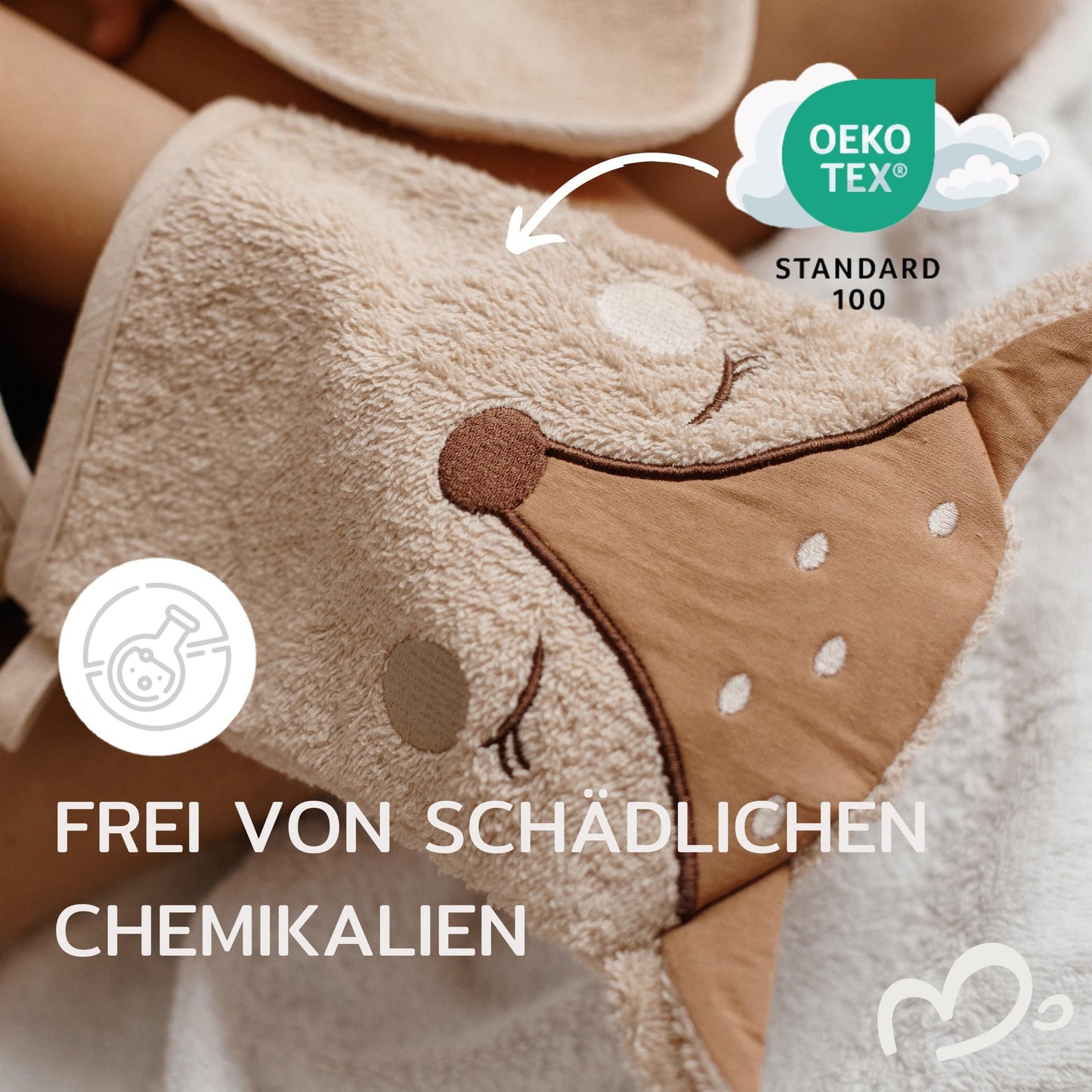 MIRARI Kids Babyhandtuch mit Kapuze und Waschlappen 100x100 cm – Handtuch Rentier aus 100% Baumwolle - REH Badetuch mit Kapuze - Geschenk Geburt - Baby Erstausstattung Neugeborenen Set