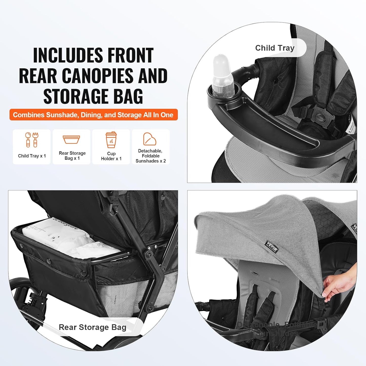 VEVOR Sibling Stroller, Foldable Twin Pushchair with Tandem Seat, Adjustable Backrest/Footrest, Seat Belt, Storage Basket and Tray, for Newborn and Toddlers (Dark Grey)