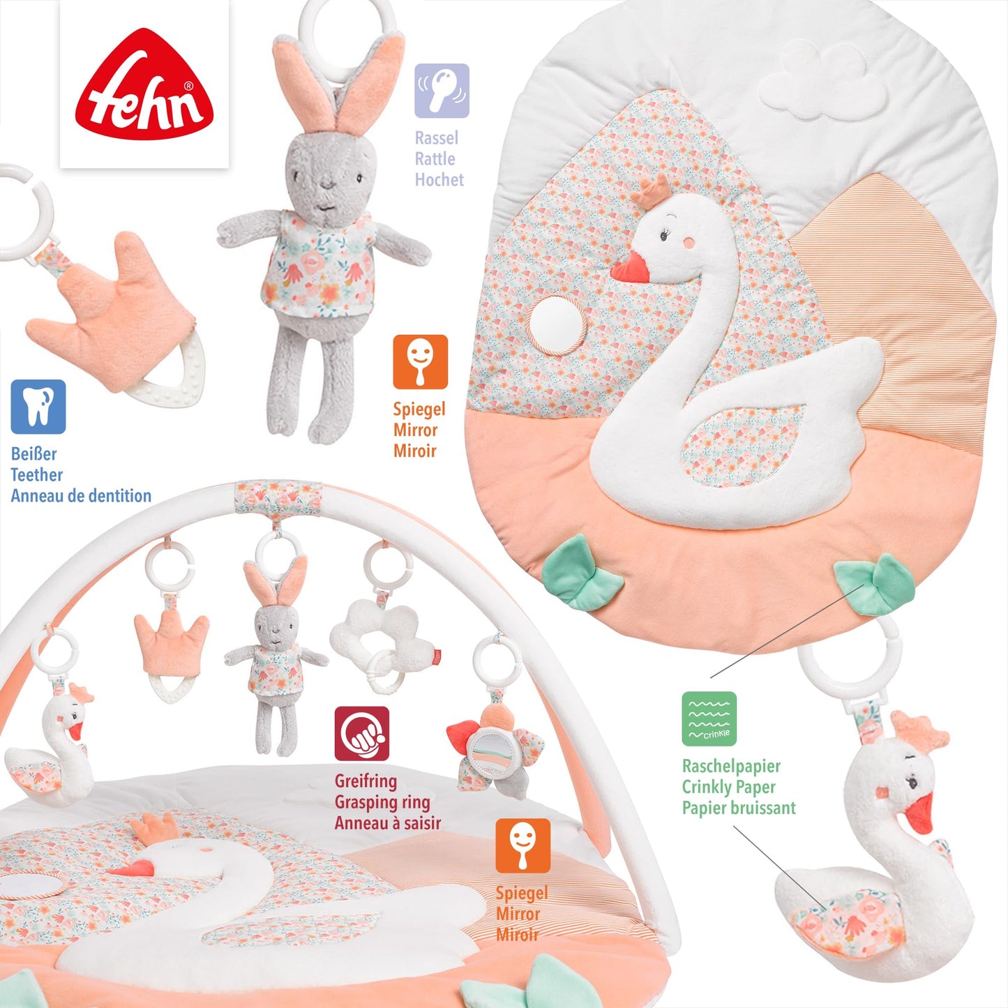 Fehn 3-D-Activity-Decke Spielbogen Peru – Baby Krabbeldecke mit 5 abnehmbaren Spielzeugen zum Greifen – Spieldecke für Babys und Kinder ab 0+ Monaten – Krabbelmatte als Geschenk zur Geburt