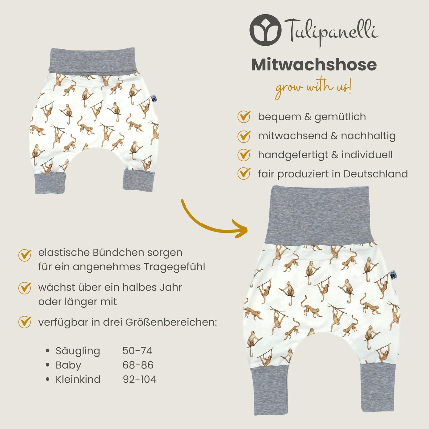 Baby Baggy Trousers, Handmade Cotton Jersey Grow Trousers, Sizes 50-74, 68-86, 92-104, Wide Waistband (Wild Life, 50-74)