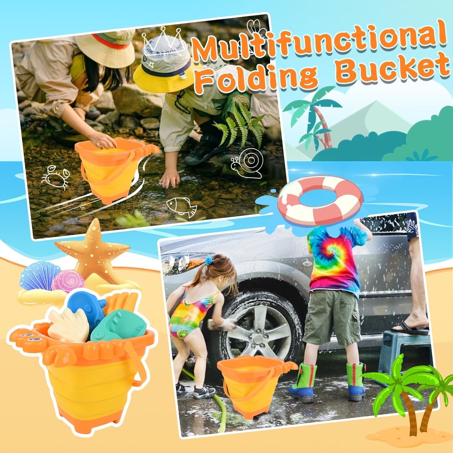 Euakee Sand Toy for Children, 11 Pieces Sand Toys with Foldable Bucket, Sanity Toy Set, Sand Toy Beach, Sandpit Toy for Children 3 4 5 6 7 Years (Orange)