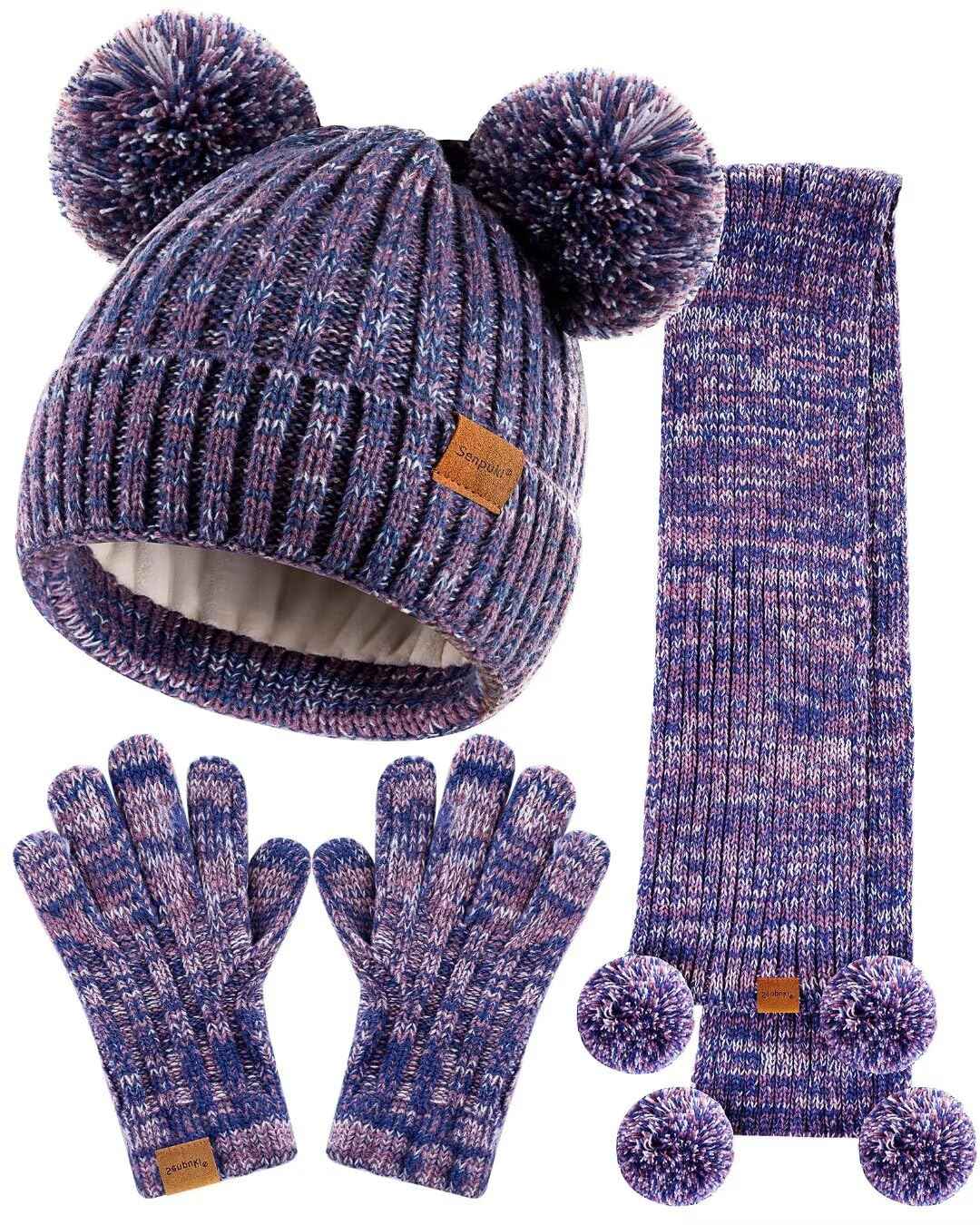 SENPUKI Gloves Hat and Scarf Children's Set, Girls Toddler Kids Beanie Hat Winter with Bobble Knitted Neck Warmer Neckerchief Tube Scarf Gloves Mittens Fleece Lined Gift Set