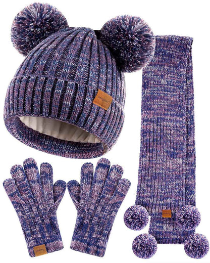 SENPUKI Gloves Hat and Scarf Children's Set, Girls Toddler Kids Beanie Hat Winter with Bobble Knitted Neck Warmer Neckerchief Tube Scarf Gloves Mittens Fleece Lined Gift Set