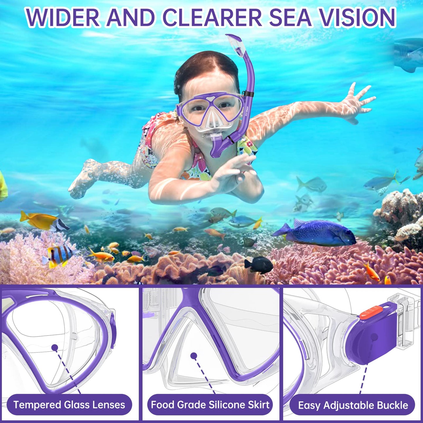 JEMULICE Taucherbrille Kinder, Schwimmbrille Kinder Schnorchelmaske für Jungen Mädchen, Tauchmaske mit Nasenabdeckung 180°Panorama HD Anti Nebel Anti-Leck Schwimmmaske für Kinder 4-16 Jahre