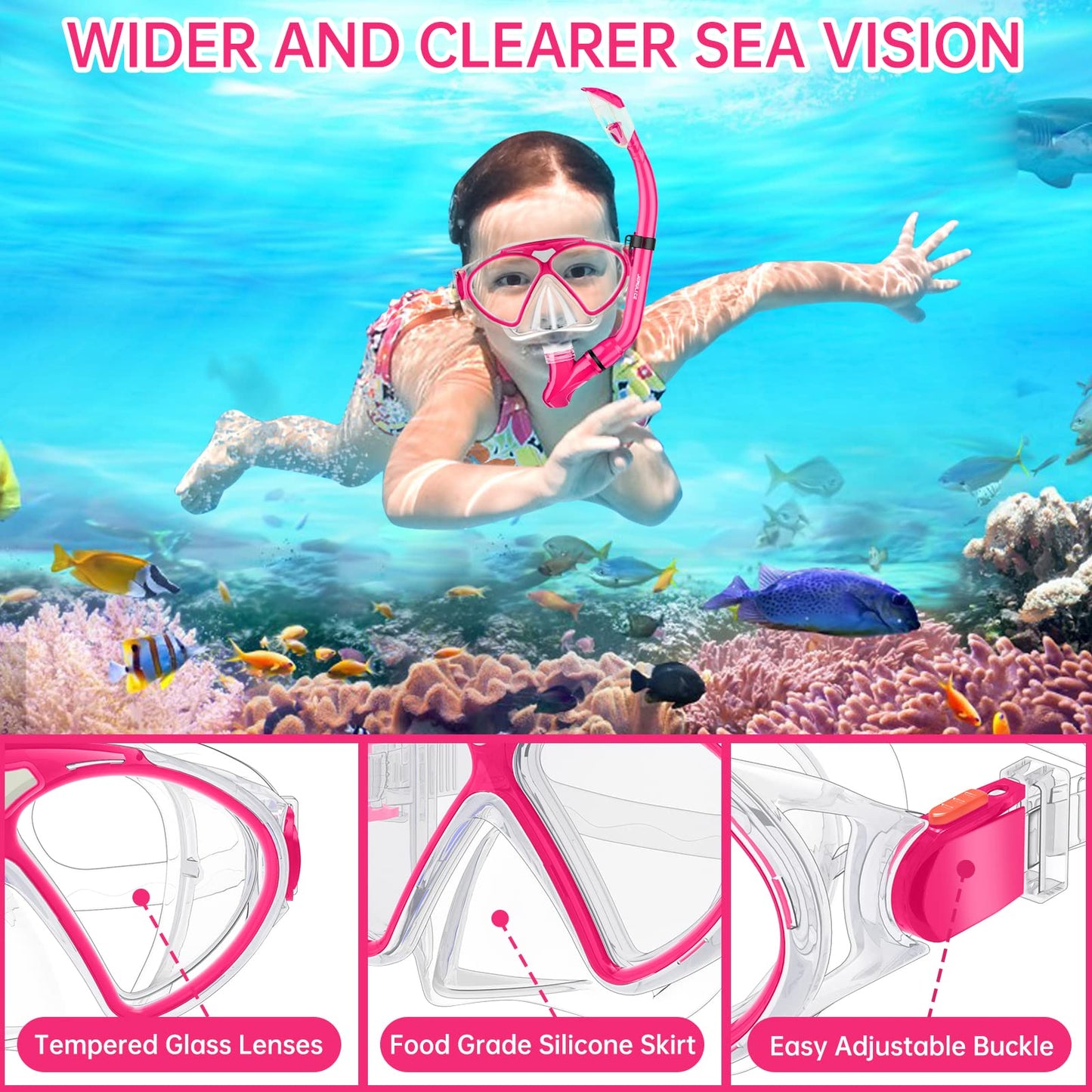 JEMULICE Taucherbrille Kinder, Schwimmbrille Kinder Schnorchelmaske für Jungen Mädchen, Tauchmaske mit Nasenabdeckung 180°Panorama HD Anti Nebel Anti-Leck Schwimmmaske für Kinder 4-16 Jahre