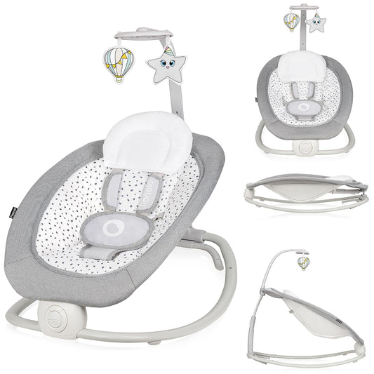 LIONELO Pascal Baby Wippe, sanfte Vibrationen, 5 Melodien, Spielzeugkarussell mit interaktiven Plüschtieren, Kopfkissen, verstellbare Rückenlehne, Energiesparsystem (GREY DOVE)