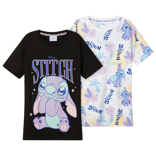 Disney Stitch T Shirt Mädchen Teenagers mit Rundhalsausschnitt 2er Pack Farbenfrohe T-Shirt Kinder Set Geschenke für Mädchen