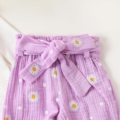 Geagodelia Baby Girl Clothes Baby Clothing Outfit Set Long Sleeve Bodysuit Romper + Daisy Pants + Headband Newborn Soft Baby Set 