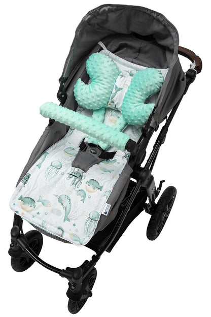 Sitzauflage Kinderwagen Buggy Baby Sommer Kindersitz Einlage Universal - 5tgl Gurtpolster + Spielbogen Kinderwagenset Babyschale (Safari mit beige Minky)