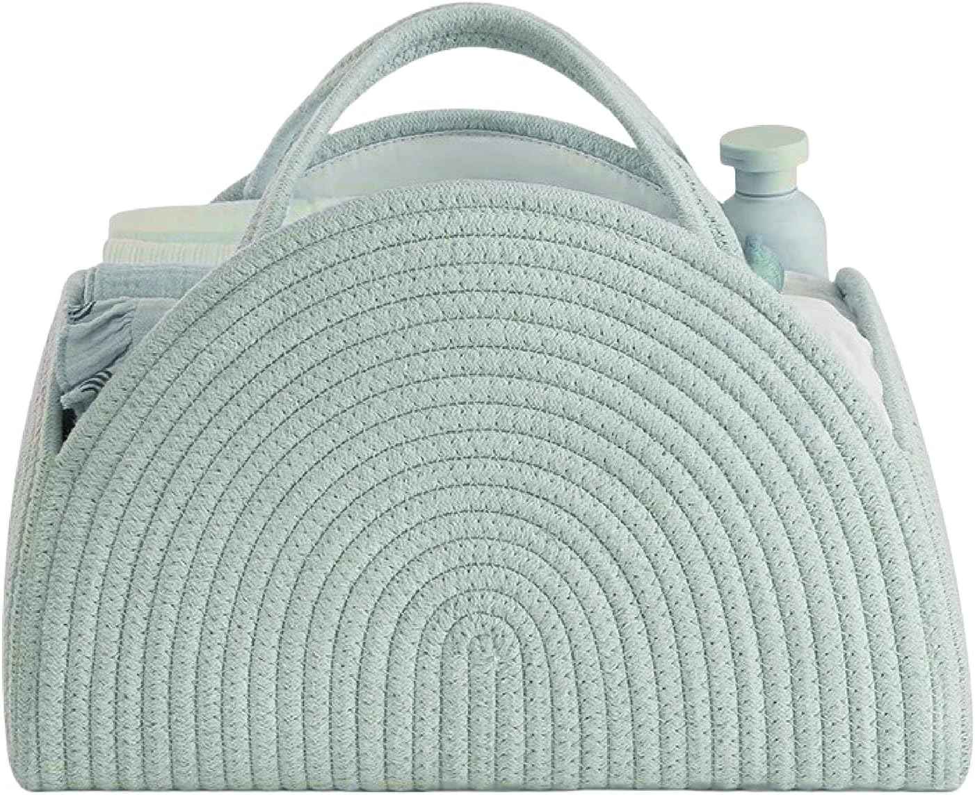 Changing Bag Organiser, Baby Nappy Caddy Basket, Portable Storage Basket for Changing Table, Changing Basket Organiser with Compartments & Handles, Cotton Rope Basket for Baby Shower Gifts (White