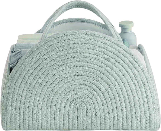 Changing Bag Organiser, Baby Nappy Caddy Basket, Portable Storage Basket for Changing Table, Changing Basket Organiser with Compartments & Handles, Cotton Rope Basket for Baby Shower Gifts (White