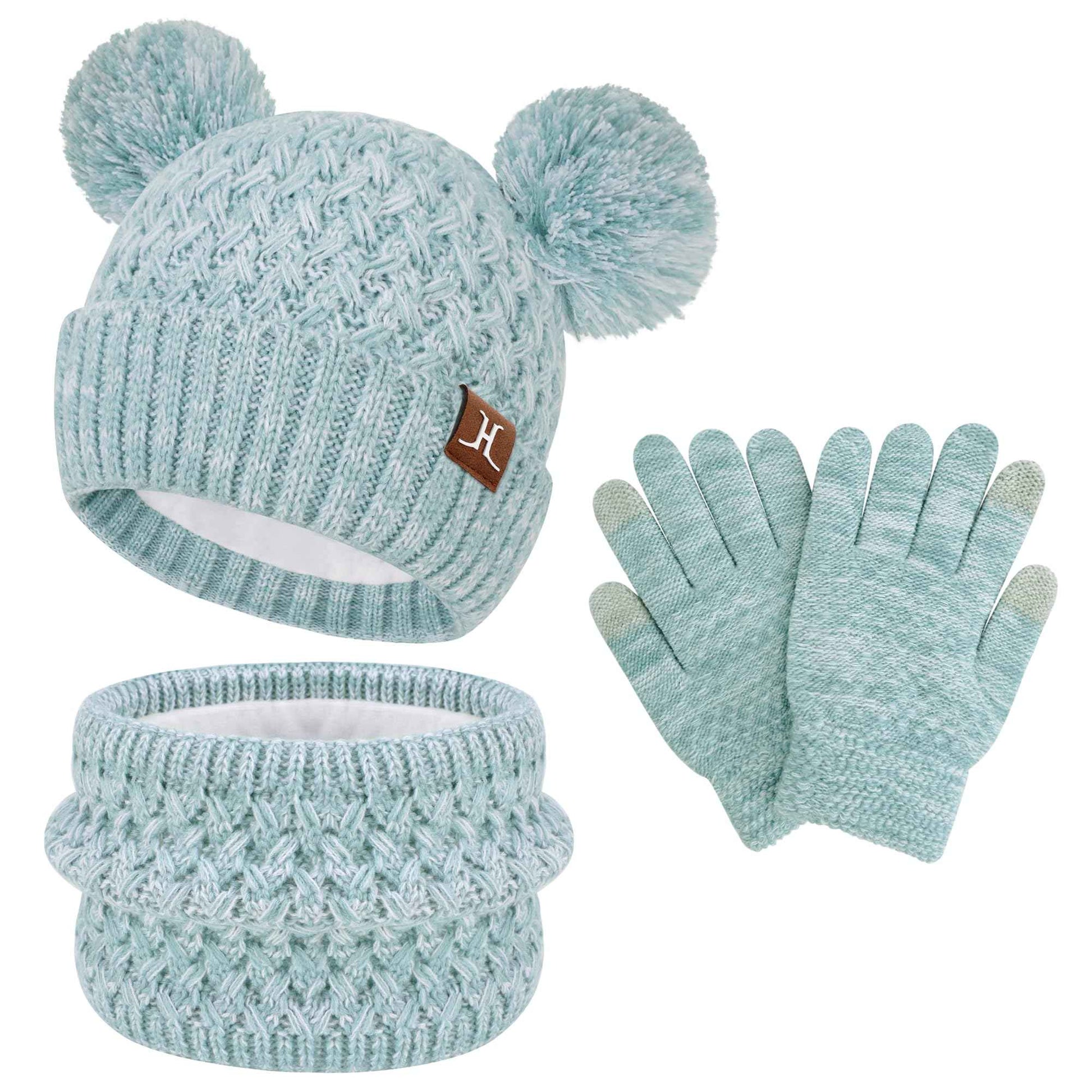 Children's Winter Hat Loop Scarf Touchscreen Gloves Set 2 3 4 5 6 7 Years Toddler Winter Hat Beanie Tube Scarf Knitted Pom Hats Gift Girls Boys
