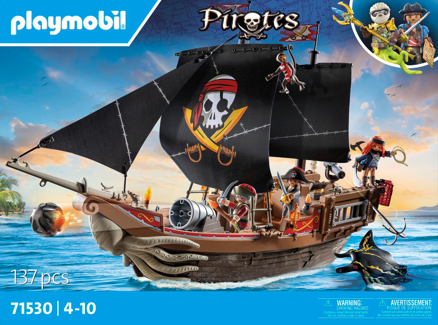 PLAYMOBIL Pirates 71418 Pirate Ship, Exciting Adventures on the High Sea, with Extensive Accessories such as Telescope, Compass and Cannons, Toy for Children from 4 Years