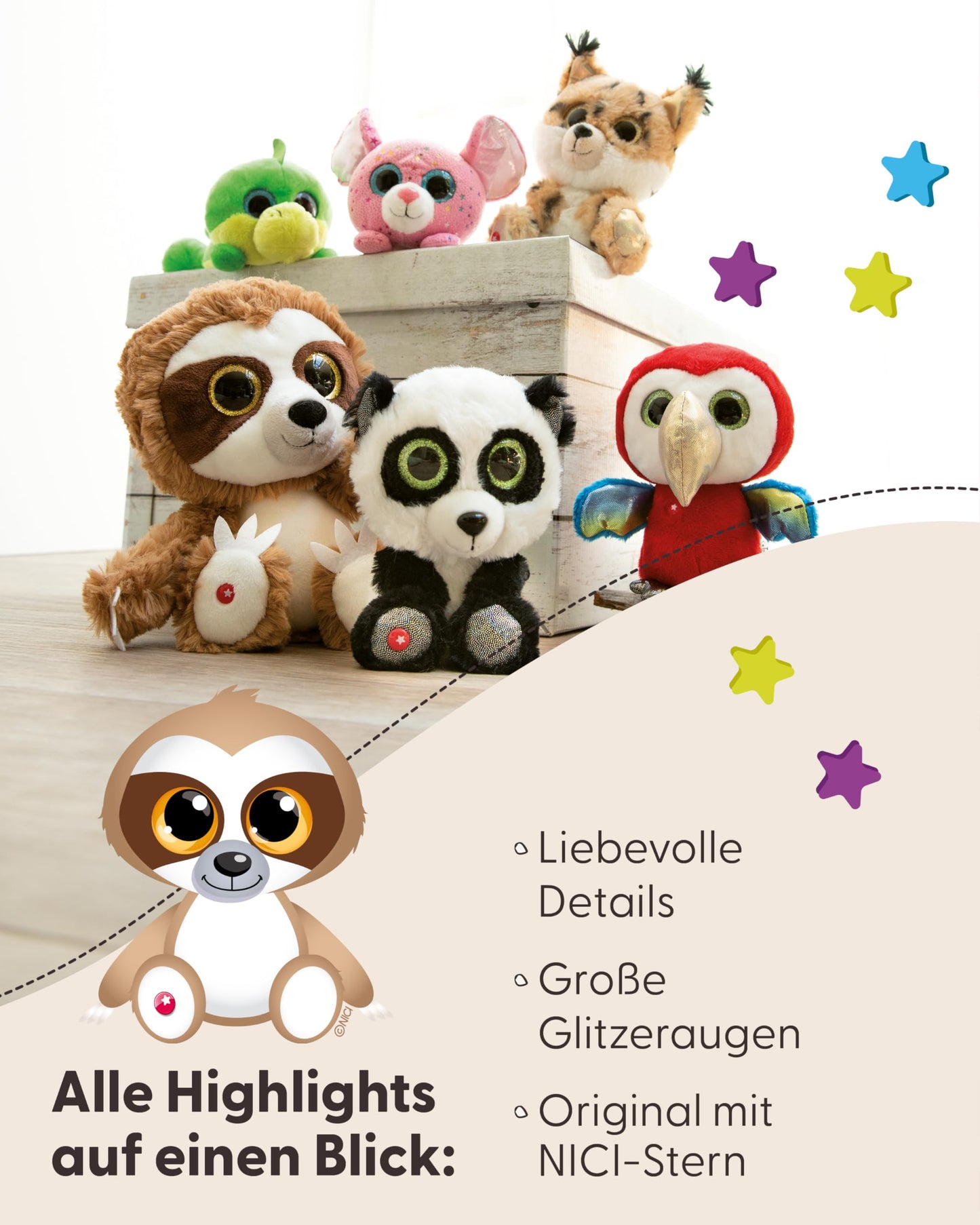 NICI GLUBSCHIS Lynx Lenzo 15cm - Dangling cuddly toy lynx with big glittery eyes - 49295 