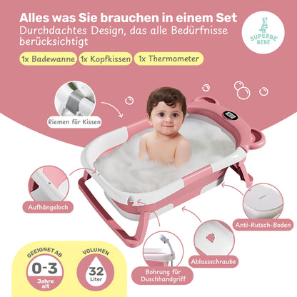 Faltbar Baby Badewanne Mit Rutschfestem Badekissen - Babywanne XXL Mit Baby Badewannensitz & Badethermometer - Von Der Geburt Bis 3 Jahre - Baby Bathtub - Geburtsgeschenke Für Mädchen & Jungen