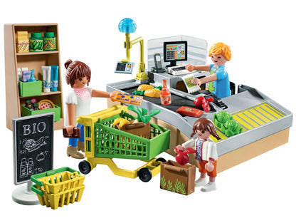 PLAYMOBIL MyLife Promo Pack 71648 Bio-Supermarkt, inklusive Kasse mit Warenlaufband, Einkaufswagen und DREI Figuren, detailreiches Spielzeug für Kinder ab 4 Jahren