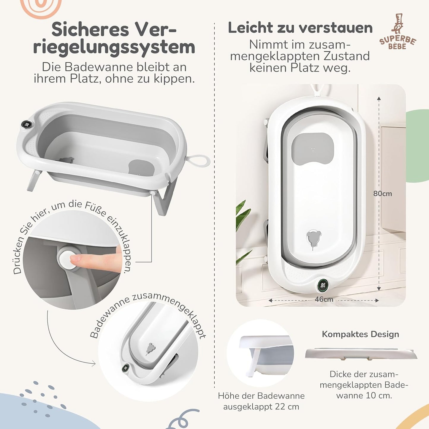 Faltbar Baby Badewanne Mit Rutschfestem Badewannensitz - Babywanne Xxl Mit Badethermometer - Von Der Geburt Bis 3 Jahre - Baby Bathtub - Babygeschenk - Geburtsgeschenke Für Mädchen & Jungen