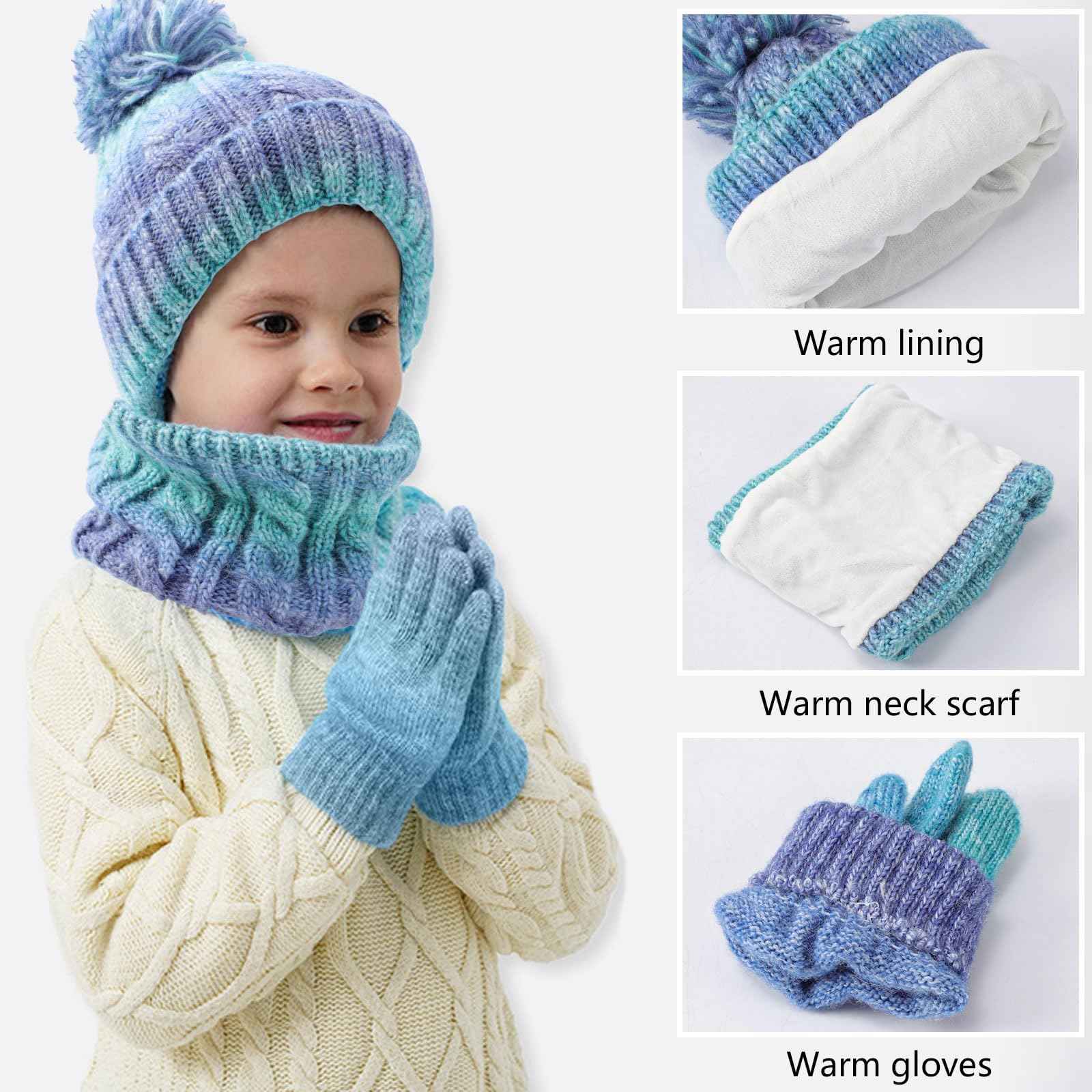 Children's Hat Scarf Gloves Set - 3-in-1 Winter Knitted Hat Scarf and Gloves Set for Children with Pom Pom Beanie, Neck Warmer & Mittens for Boys Girls Age 3-10 Years