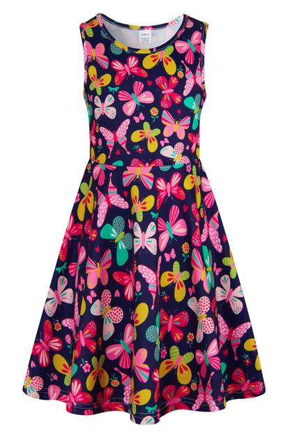 AIDEAONE Mädchenkleid Schmetterling A-Linie Ärmelloses Sommerkleid Buntes Kleid 4-12 Jahre