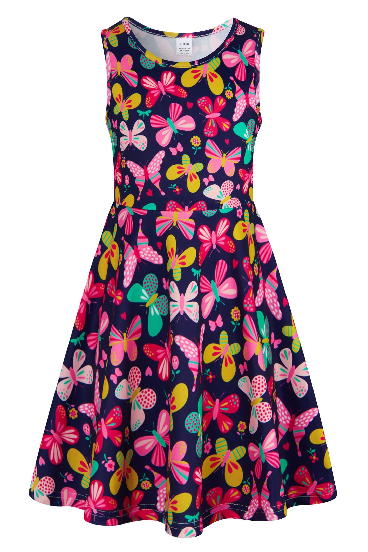 AIDEAONE Mädchenkleid Schmetterling A-Linie Ärmelloses Sommerkleid Buntes Kleid 4-12 Jahre