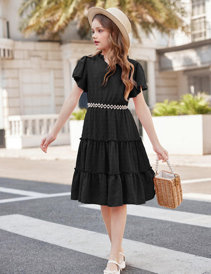 Arshiner Mädchen Kleid Festliches Rüschenärmel Sommerkleider V-Ausschnitt Partykleid Swiss Dot Stufenkleid Kinder A-Linie Swing Kinderkleid mit Tasche 3-12 Jahre