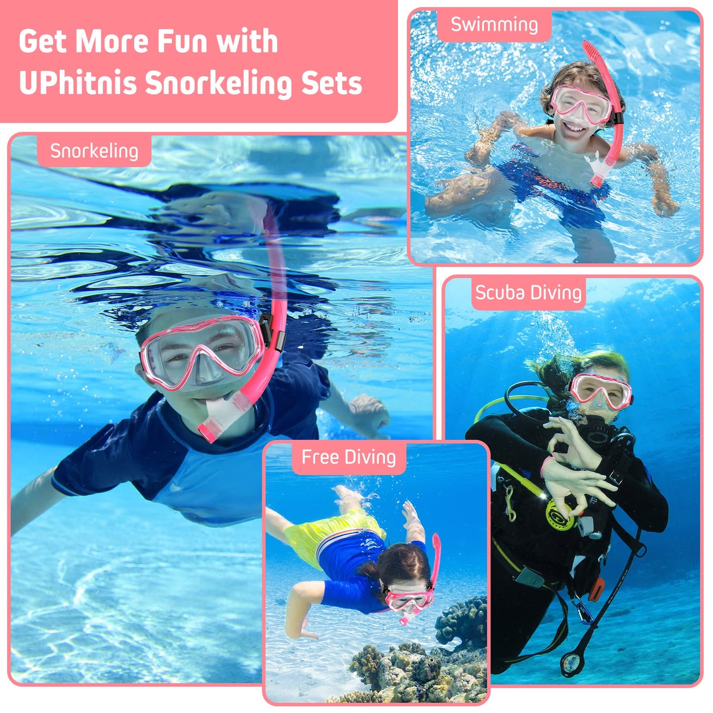 UPhitnis Kinderschnorchelset mit Flossen, Antibeschlag 180° Panorama Taucherbrille, verstellbare Schwimmflossen und Premium Dry Schnorchel, 3-in-1 Schnorchelset für Kinder mit Tragetasche