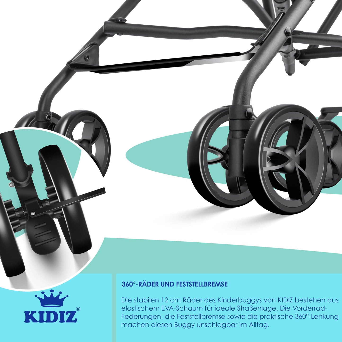 KIDIZ® City Buggy Foldable 360° 4 Inch Wheels Including Sun and Rain Cover Foldable 5-Point Safety Belt from 6 Months Anthracite - Meloni2
