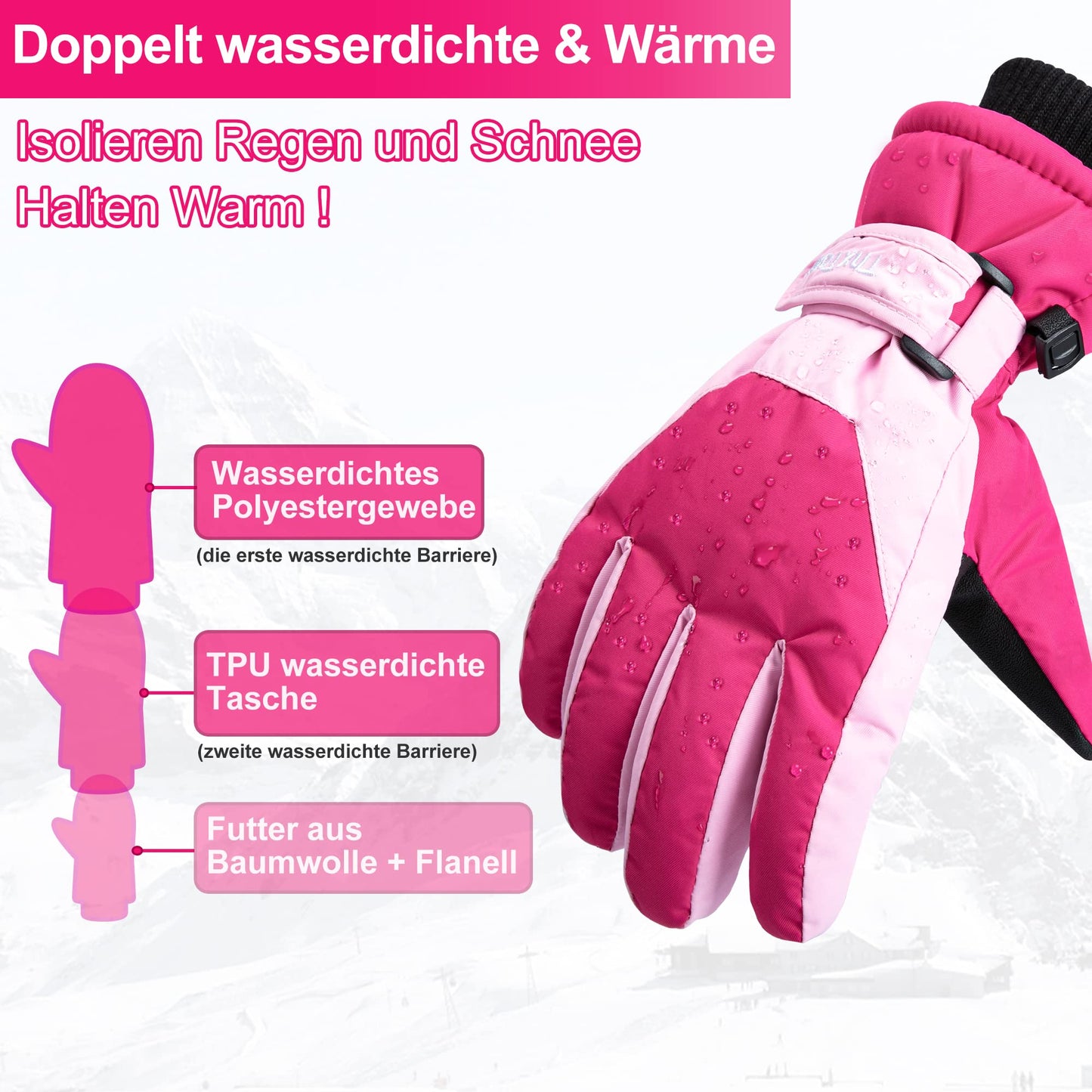 ThxToms Children's Ski Gloves, Winter Snow Ski Gloves, -15°C, Windproof, Waterproof, Warm, PU Thickened Cold Weather, Outdoor Sports, Snowboarding, Skiing, Bike, for Boys and Girls aged 3-13 Years Old