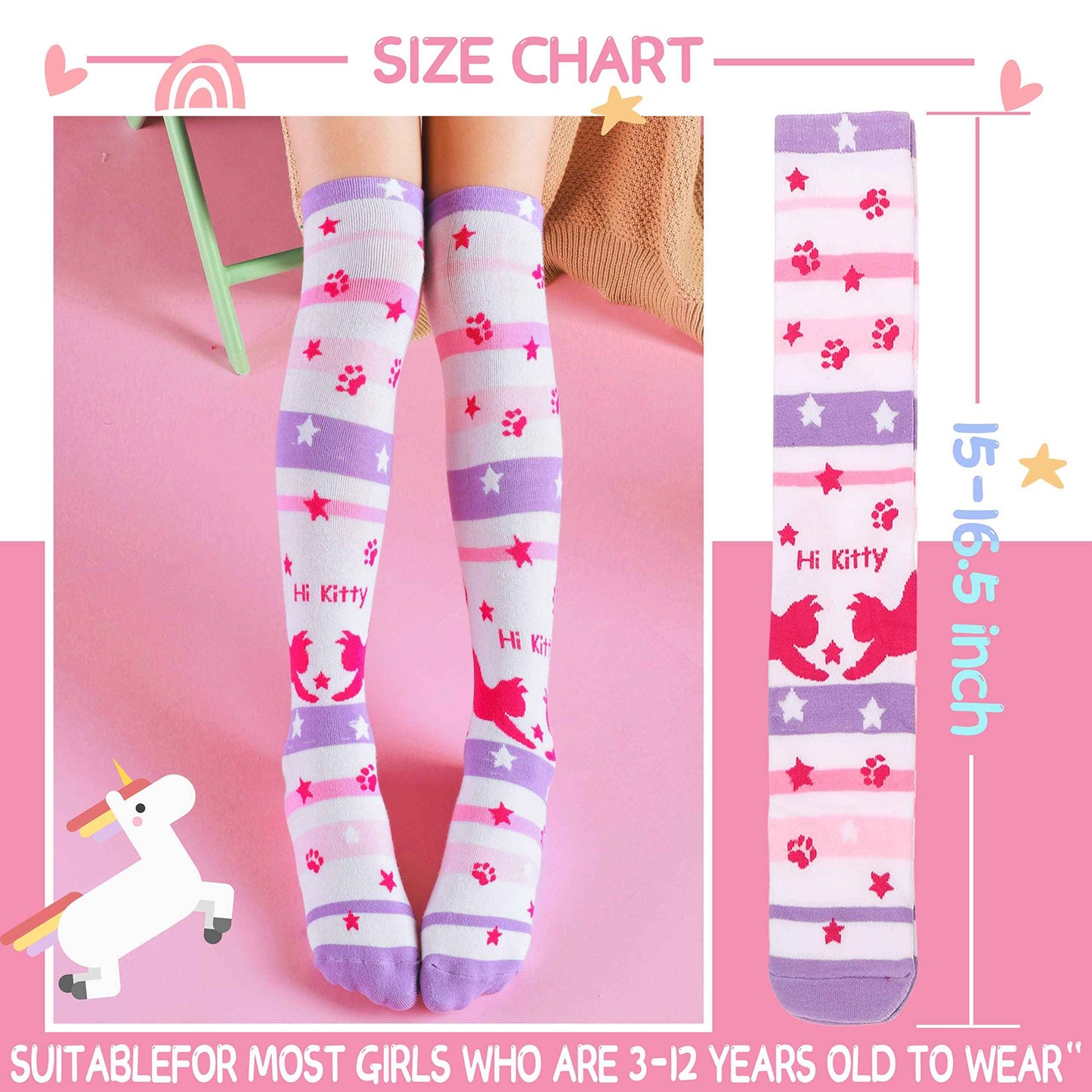 ANTSANG Girls' Knee Socks 6 Pairs for Children Gifts Long Funny Children's Socks Animal Cotton Socks 3-12 Years