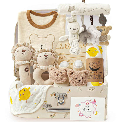 vamei Baby Gift Boys, Newborn Gift Baby Gifts for Birth Boy Girl with Baby Romper Bath Towels Bib Socks Rattle Memory Box Greeting Cards Baby Shower Party
