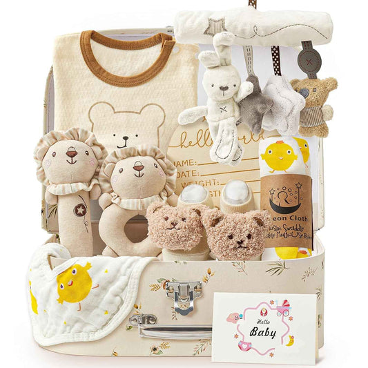 vamei Baby Gift Boys, Newborn Gift Baby Gifts for Birth Boy Girl with Baby Romper Bath Towels Bib Socks Rattle Memory Box Greeting Cards Baby Shower Party