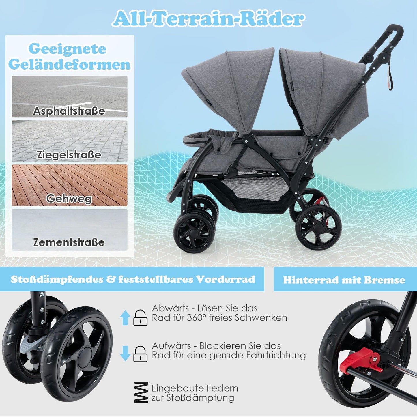 COSTWAY Folding Double Pushchair, Twin Pushchair with Adjustable Backrest and Hood, Travel Buggy with Reclining Function, Twin Buggy Pushchair for Baby from 6 Months, 30 kg Load Capacity (Grey)