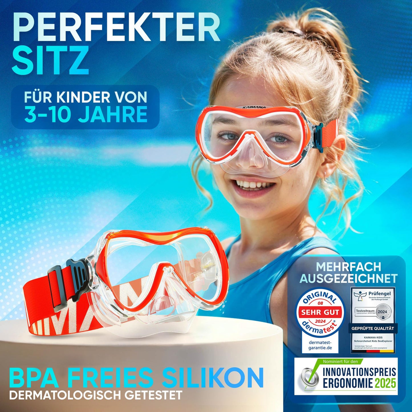 Das Neue KAIMANA® SeaExplorer Schnorchelset Kinder + Tragetasche, Taucherbrille mit Schnorchel, Taucherbrille Kinder, Alternative zur Schnorchelmaske Kinder, Taucherbrille mit Stoffband/Silikonband