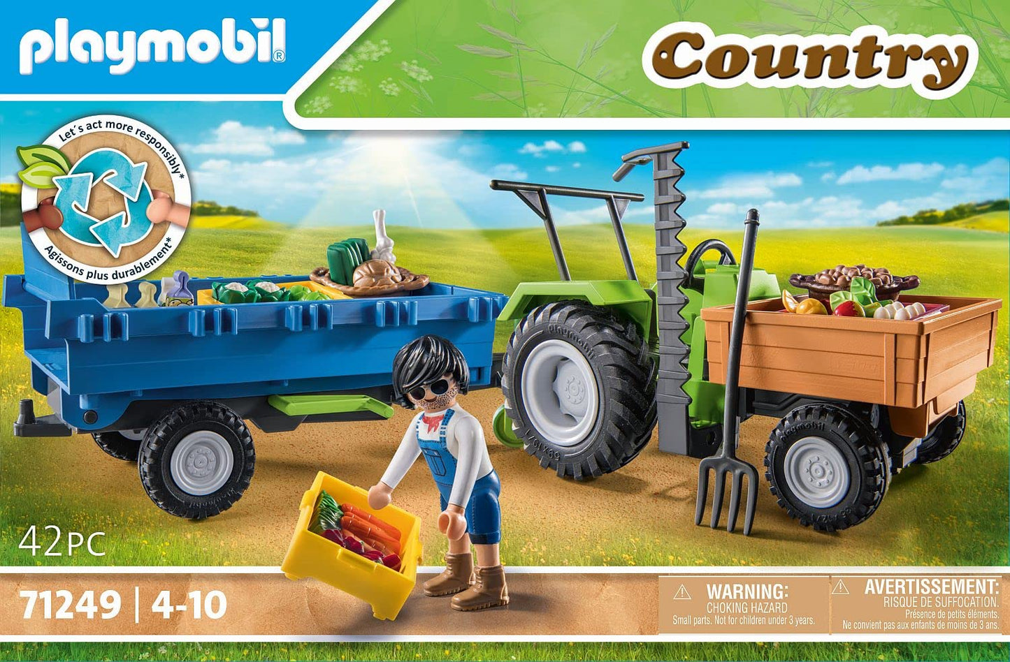 PLAYMOBIL Country 71442 Traktor mit Anhänger und Wassertank, frische Ernte auf dem Bauernhof, spielerisches Lernen über die Umwelt, nachhaltiges Spielzeug für Kinder ab 4 Jahren