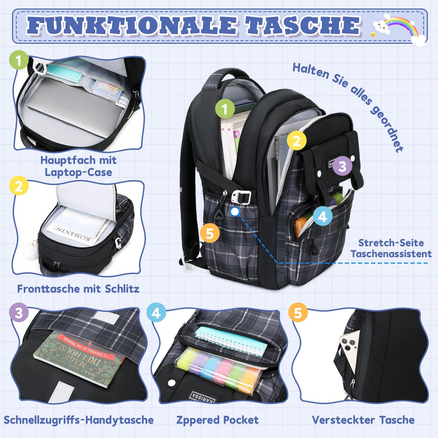 Rucksack mädchen 22L ergonomisch mit reflektierenden Streifen | Wasserdichtes Karogewebe, atmungsaktives 3D-Rückenpolster, zahlreiche getrennte Fächer, passend für 15,6-Zoll-Laptops