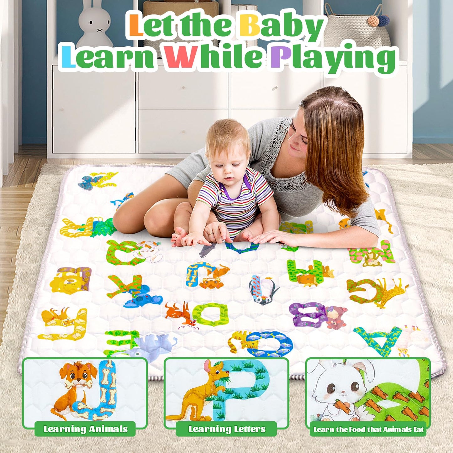 Funsland crawling carpet for babies, non-slip baby play mat, non-toxic 127x127cm, cotton animal crawling mat for babies, foldable with a height ruler, children's play mat for indoors/outdoors/fences 