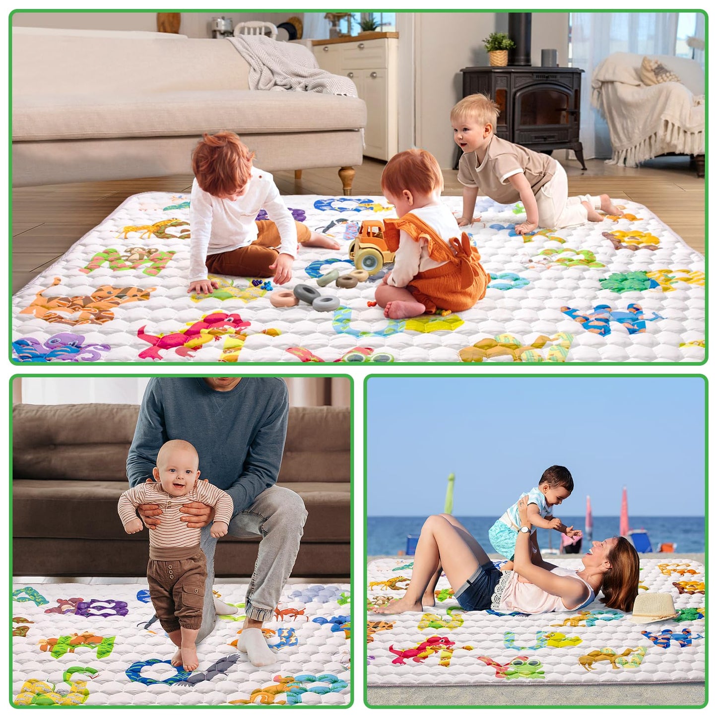 Funsland crawling carpet for babies, non-slip baby play mat, non-toxic 127x127cm, cotton animal crawling mat for babies, foldable with a height ruler, children's play mat for indoors/outdoors/fences 