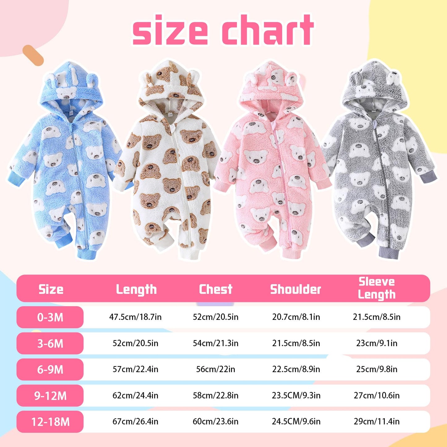 Yanmucy Newborn Baby Winter Romper with Hood Cartoon Bear Baby Snowsuit Warm Fleece Zip Baby Girl Boy Jumpsuit 0-18 Months