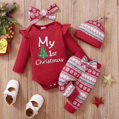 Verve Jelly Toddler Baby Girl My 1st Christmas Outfits Xmas Romper Long Sleeve Letter Print Bodysuit Snowflake Trousers with Hat Headband Set of 4