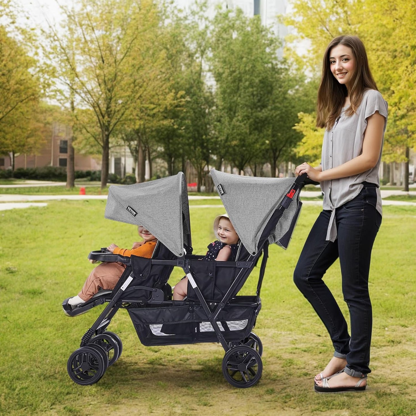 VEVOR Sibling Stroller, Foldable Twin Pushchair with Tandem Seat, Adjustable Backrest/Footrest, Seat Belt, Storage Basket and Tray, for Newborn and Toddlers (Dark Grey)