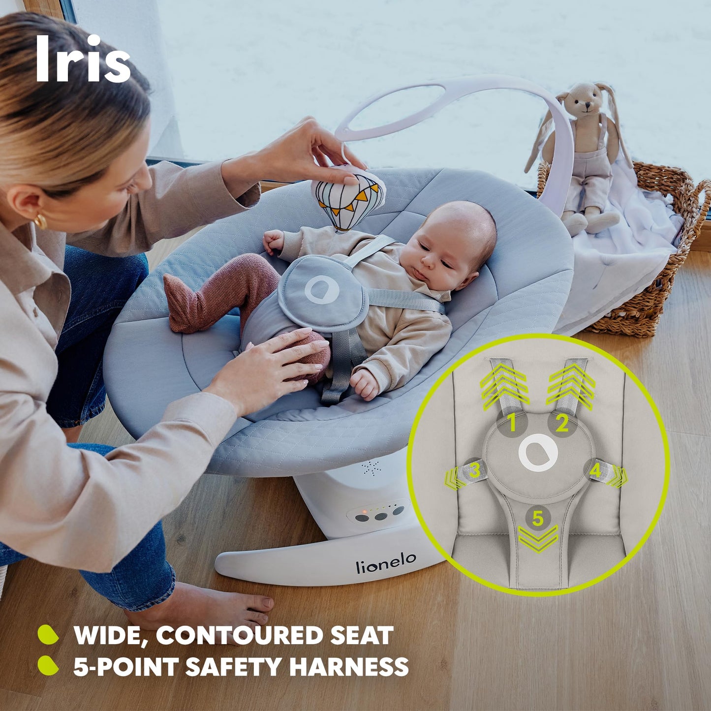 LIONELO Iris Electric Baby Rocker 360° Rotatable for Babies up to 9 kg Adjustable Backrest, 5 Weighing Speeds, Non-Slip Safety Belt, 12 Melodies Hanger with Toy Remote Control