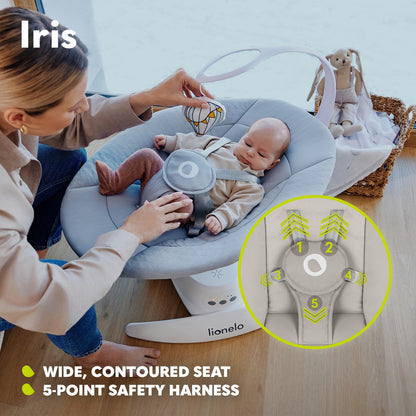 LIONELO Iris Electric Baby Rocker 360° Rotatable for Babies up to 9 kg Adjustable Backrest, 5 Weighing Speeds, Non-Slip Safety Belt, 12 Melodies Hanger with Toy Remote Control