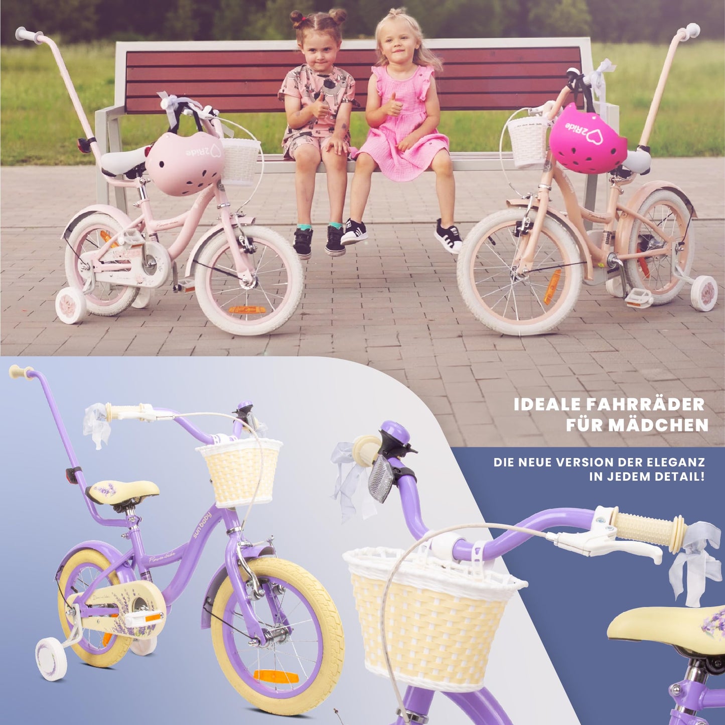 sun baby Mädchenfahrrad Flower Bike Radgröße zur Auswahl, mit Abnehmbarer Schubstange, Kinderfahrrad für Mädchen von 2 bis 6 Jahre