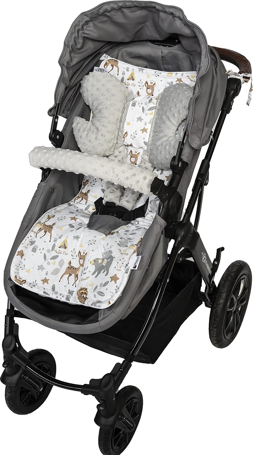 Sitzauflage Kinderwagen Buggy Baby Sommer Kindersitz Einlage Universal - 5tgl Gurtpolster + Spielbogen Kinderwagenset Babyschale (Safari mit beige Minky)