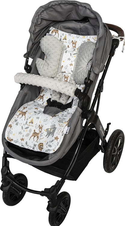 Sitzauflage Kinderwagen Buggy Baby Sommer Kindersitz Einlage Universal - 5tgl Gurtpolster + Spielbogen Kinderwagenset Babyschale (Safari mit beige Minky)